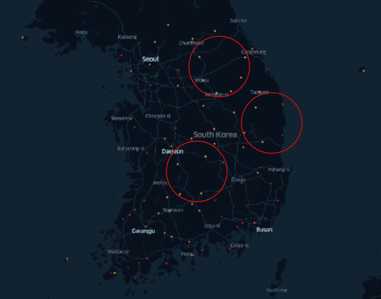 한반도 날씨 관측소 분포 왼쪽 이미지