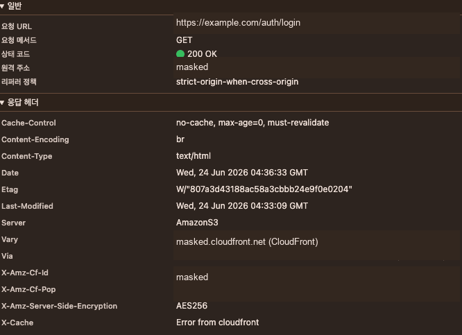 CloudFront Custom Error Response로 인해 HTML이 200으로 응답된 예시