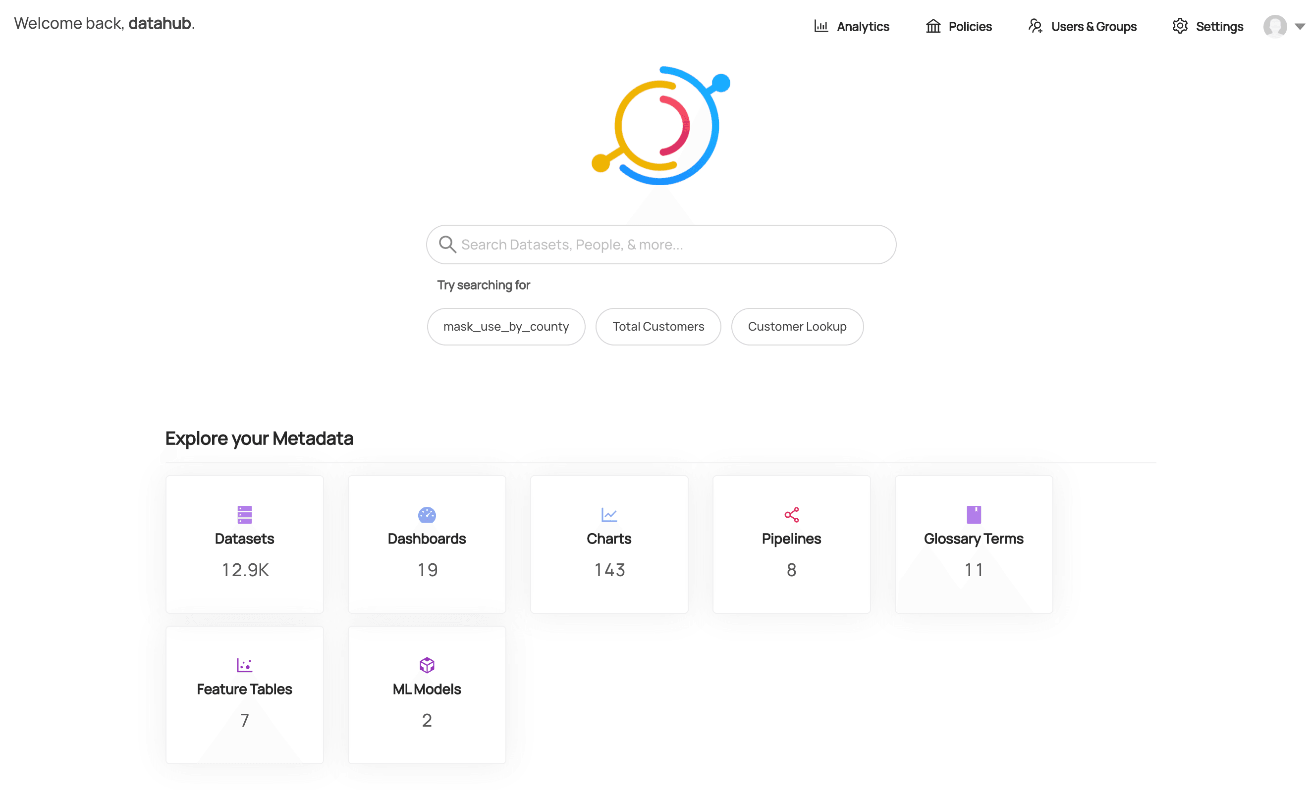 Datahub 데모 메인 스크린샷